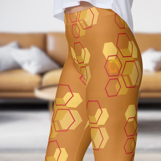 Gorgeous Red Ochre Honeycomb Pattern Leggings (Honeycomb on Ochre)