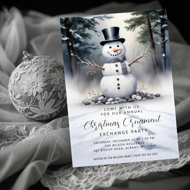 Gorgeous Snowman Frosted Forest Ornament Exchange Einladung (Cute Gorgeous Snowman Frosted Landscape Forest Christmas Holidays Ornament Exchange Party Invitation)