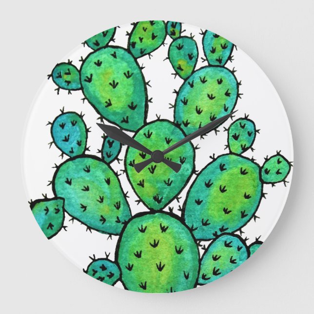 Gorgeous Watercolor Prickly Cactus Große Wanduhr (Vorderseite)
