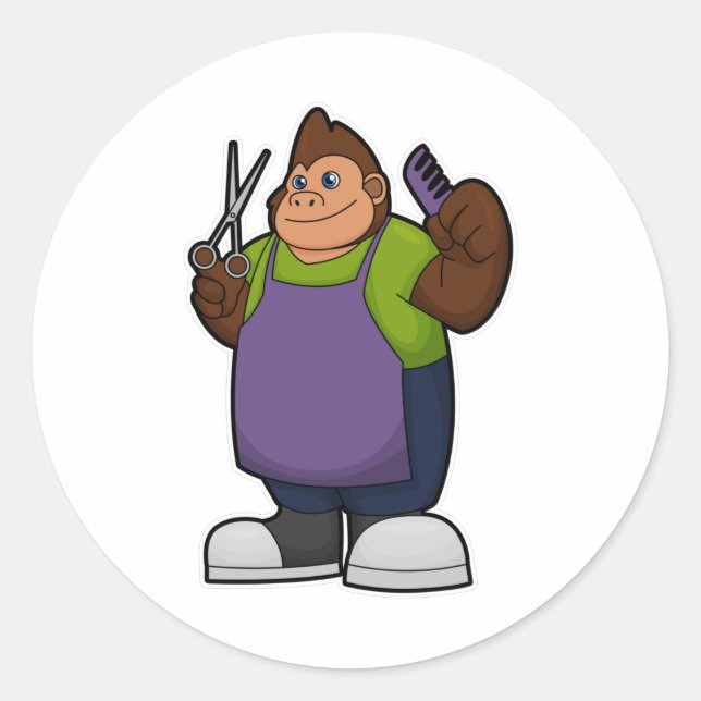 Gorilla als Friseur mit Schere & Kamin Runder Aufkleber (Vorderseite)