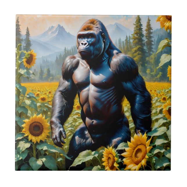 Gorilla Ape in einem Feld der Sonnenblumen Fliese (Vorderseite)