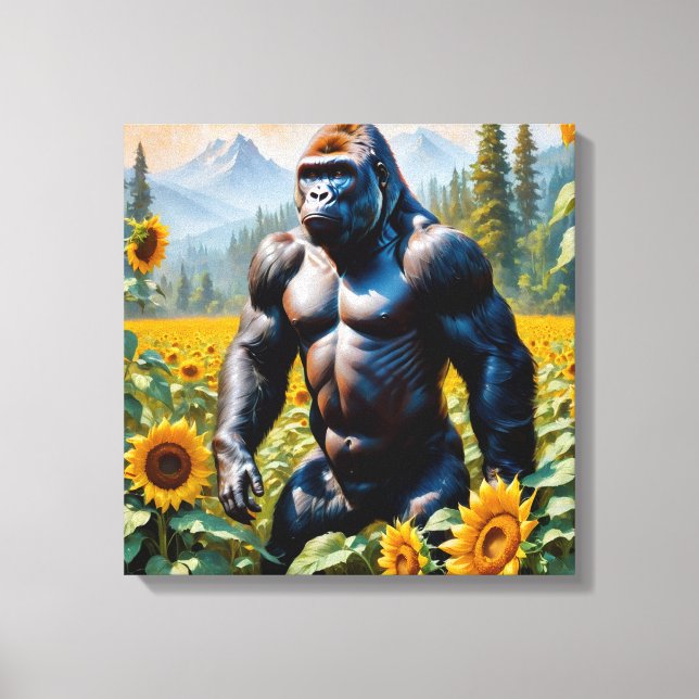 Gorilla Ape in einem Feld der Sonnenblumen Leinwanddruck (Vorderseite)