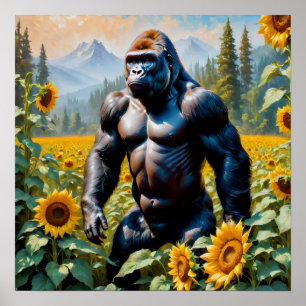 Gorilla Ape in einem Feld der Sonnenblumen Poster