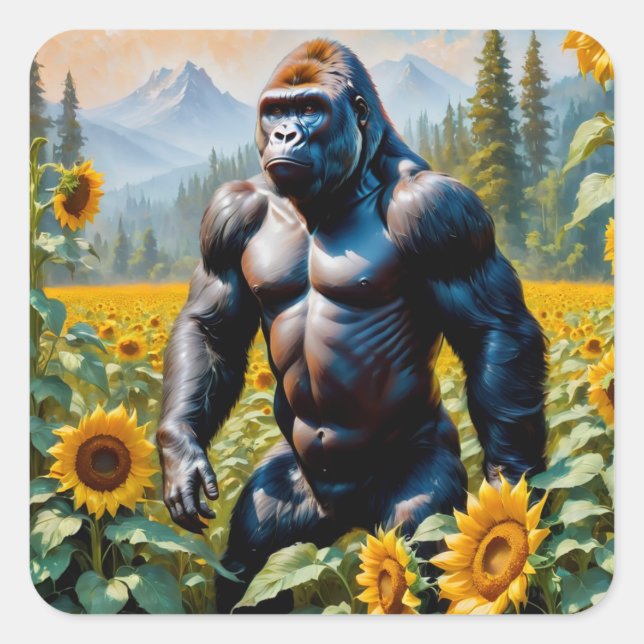 Gorilla Ape in einem Feld der Sonnenblumen Quadratischer Aufkleber (Vorderseite)