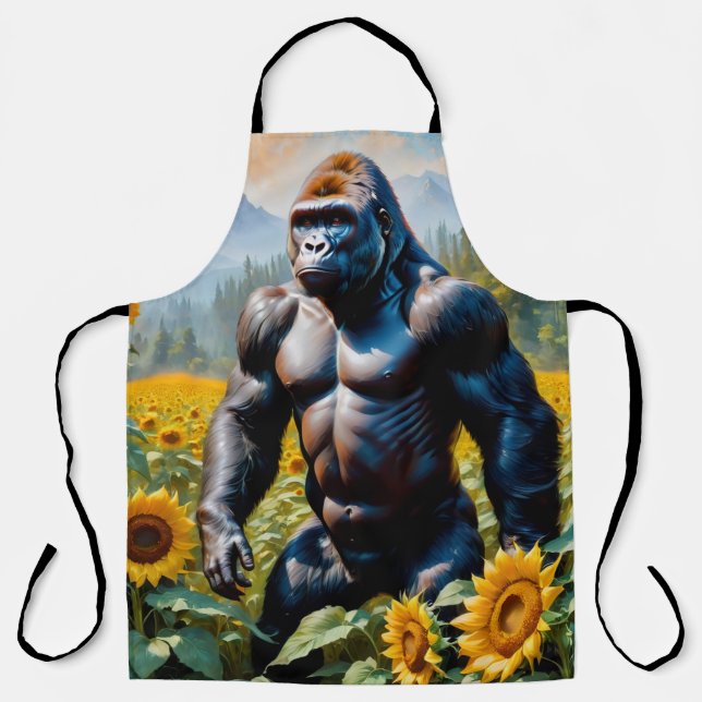 Gorilla Ape in einem Feld der Sonnenblumen Schürze (Vorderseite)