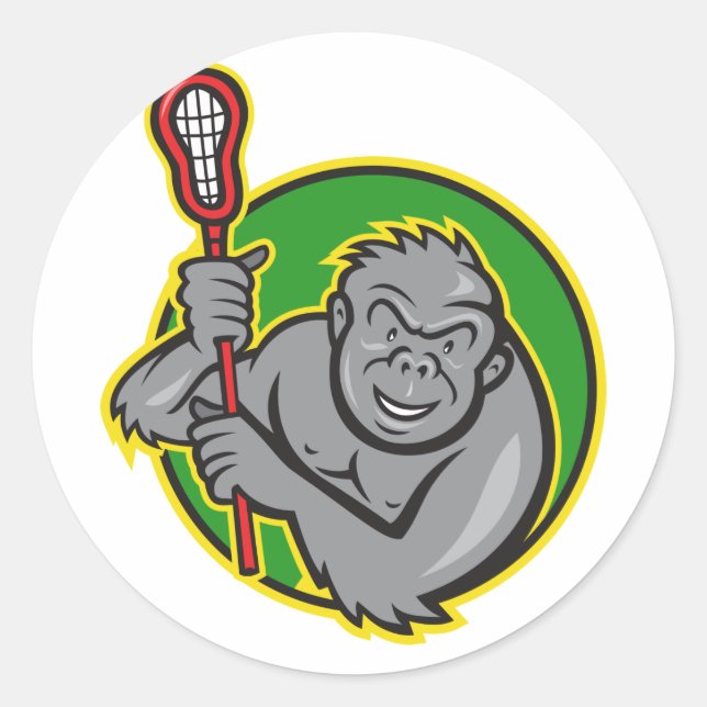 Gorilla Ape mit Lacrosse Stick Cartoon Runder Aufkleber (Vorderseite)