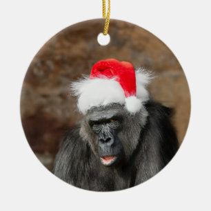 Gorilla Biddy in einem Weihnachtshut Keramik Ornament