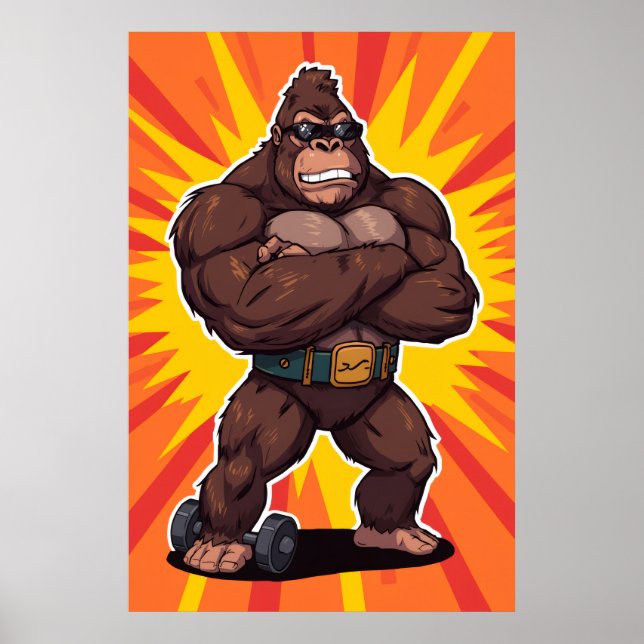 Gorilla Bodybuilder Gewichtheber Pop Art Cartoon Poster (Vorne)