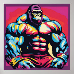 Gorilla Bodybuilder Kraftsportler Pop Art Cartoon Poster