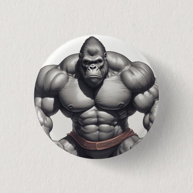 Gorilla Bodybuilder Pop Art Cartoon Zeichnend Button (Vorderseite)