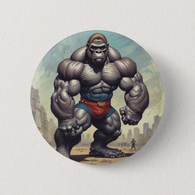 Gorilla Bodybuilder Pop Art Cartoon Zeichnend Button (Vorderseite)