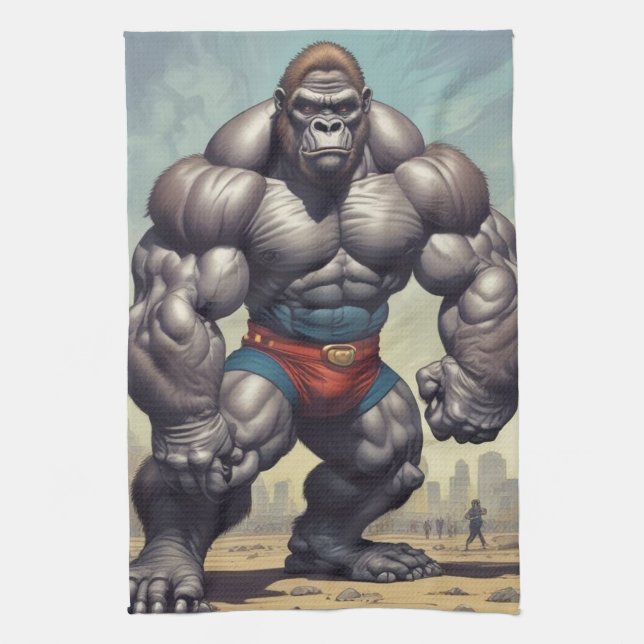 Gorilla Bodybuilder Pop Art Cartoon Zeichnend Geschirrtuch (Vertikal)