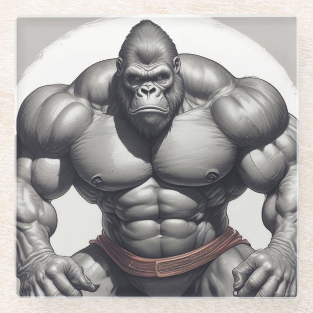 Gorilla Bodybuilder Pop Art Cartoon Zeichnend Glasuntersetzer (Vorderseite)