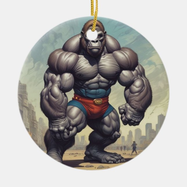 Gorilla Bodybuilder Pop Art Cartoon Zeichnend Keramik Ornament (Vorne)