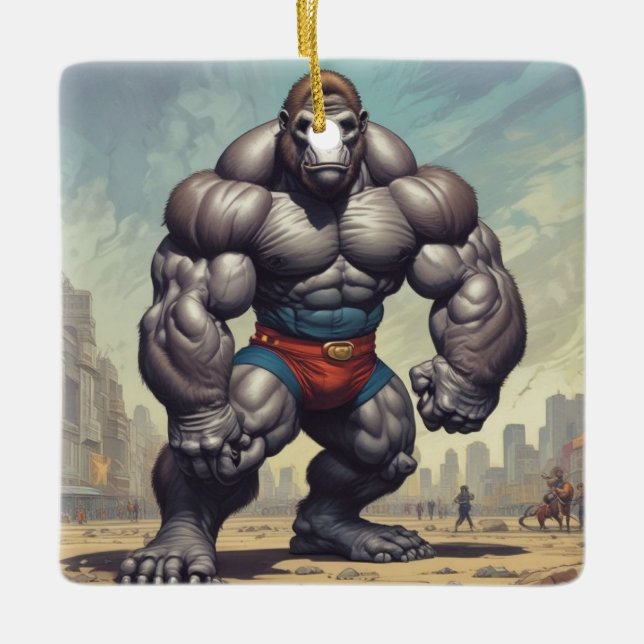 Gorilla Bodybuilder Pop Art Cartoon Zeichnend Keramikornament (Vorderseite)