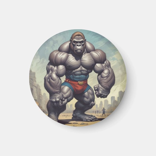 Gorilla Bodybuilder Pop Art Cartoon Zeichnend Magnet (Vorne)