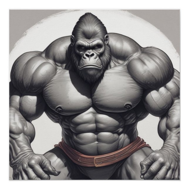 Gorilla Bodybuilder Pop Art Cartoon Zeichnend Poster (Vorderseite)
