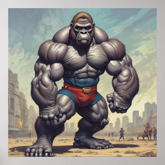 Gorilla Bodybuilder Pop Art Cartoon Zeichnend Poster (Vorne)