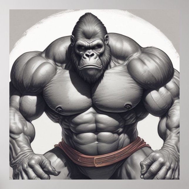 Gorilla Bodybuilder Pop Art Cartoon Zeichnend Poster (Vorne)