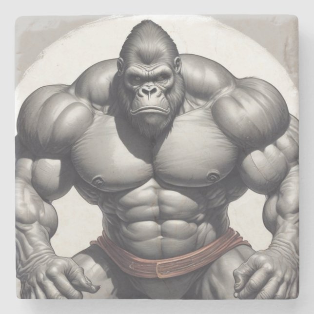Gorilla Bodybuilder Pop Art Cartoon Zeichnend Steinuntersetzer (Vorderseite)