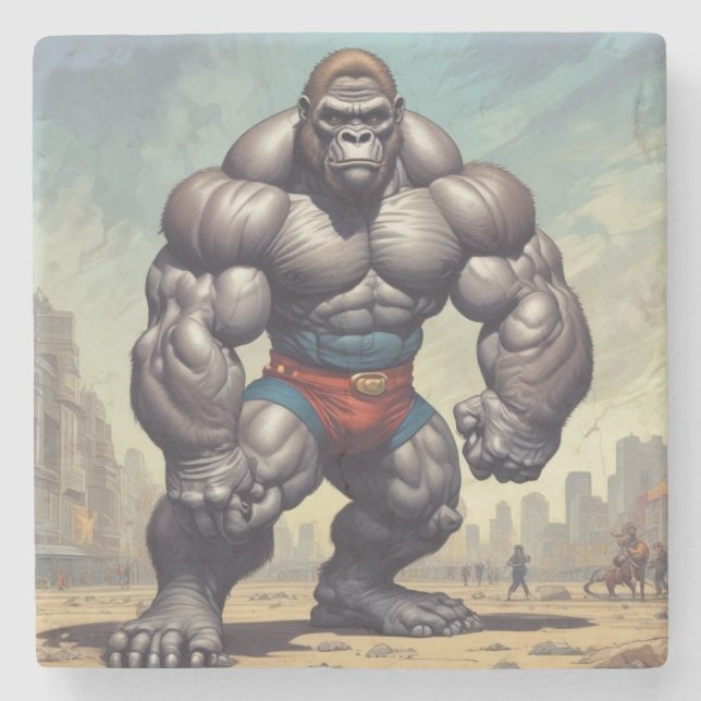 Gorilla Bodybuilder Pop Art Cartoon Zeichnend Steinuntersetzer (Vorderseite)