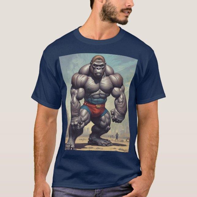 Gorilla Bodybuilder Pop Art Cartoon Zeichnend T-Shirt (Vorderseite)
