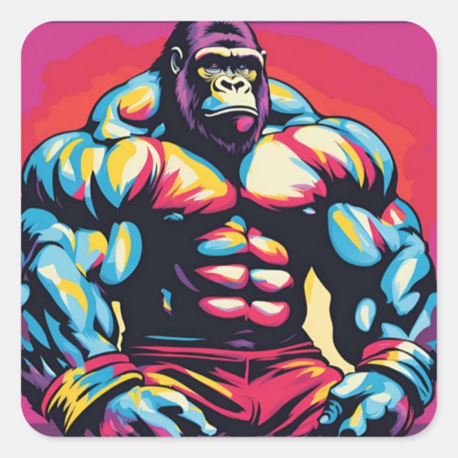 Gorilla Bodybuilder Pop Cartoon Quadratischer Aufkleber (Vorderseite)