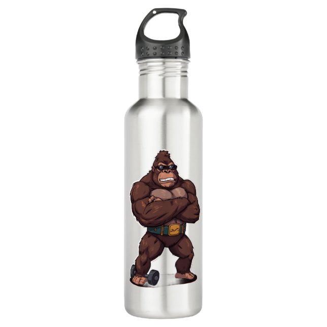 Gorilla Bodybuilder Weight Lifter Pop Art Cartoon Edelstahlflasche (Vorderseite)