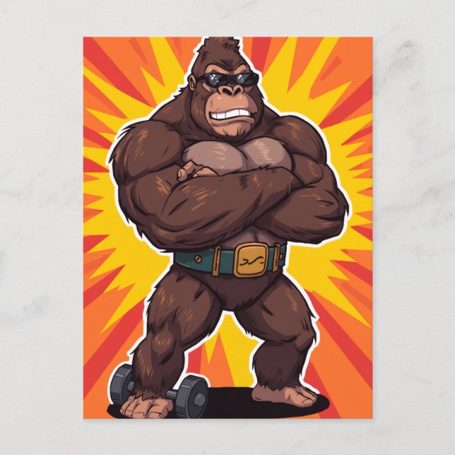 Gorilla Bodybuilder Weight Lifter Pop Art Cartoon Postkarte (Vorderseite)