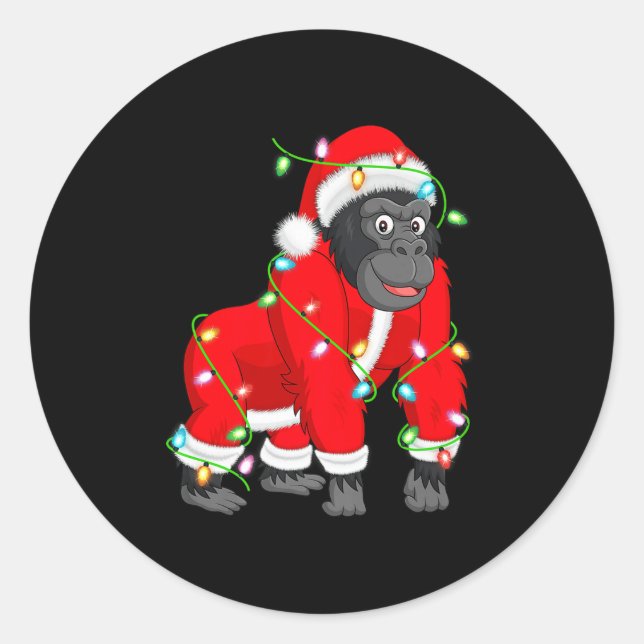 Gorilla Christmas Lights Santa Costume Cute Animal Runder Aufkleber (Vorderseite)