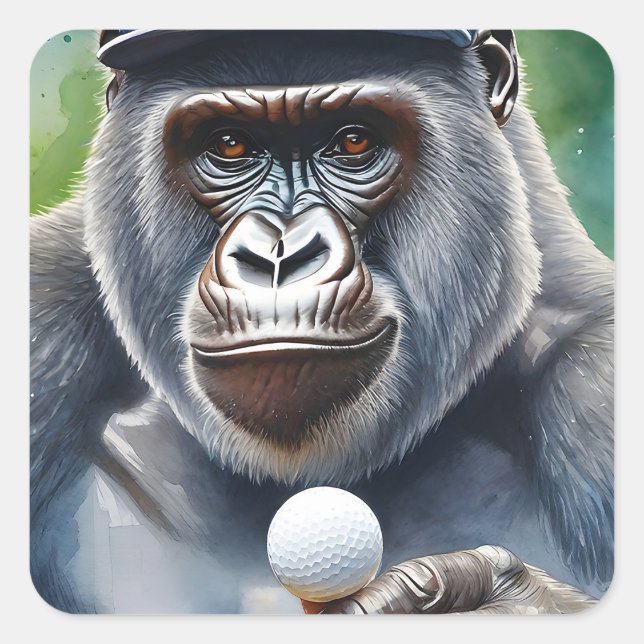 Gorilla in Baseball Golf spielen Quadratischer Aufkleber (Vorderseite)