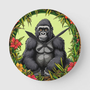 Gorilla in einem tropischen Bambusrahmen Runde Wanduhr