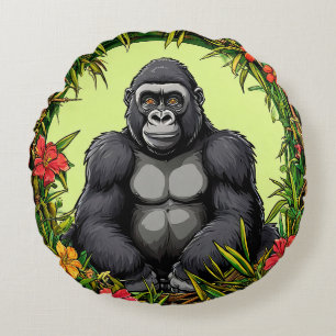 Gorilla in einem tropischen Bambusrahmen Rundes Kissen
