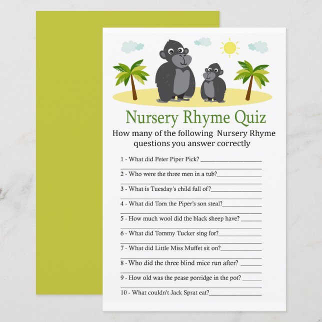 Gorilla Kinderzimmer Rhyme Quiz Babyduschenspiel (Vorne/Hinten)