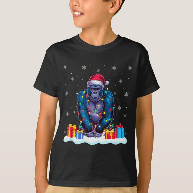 Gorilla Santa Hat Christmas Tree Light Xmas Pajama T-Shirt (Vorderseite)
