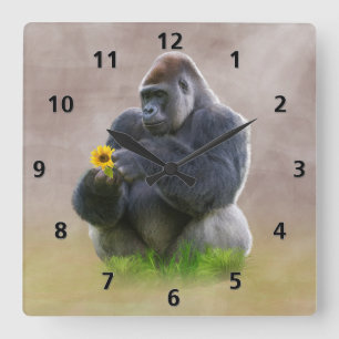 Gorilla und gelbes Gänseblümchen Quadratische Wanduhr