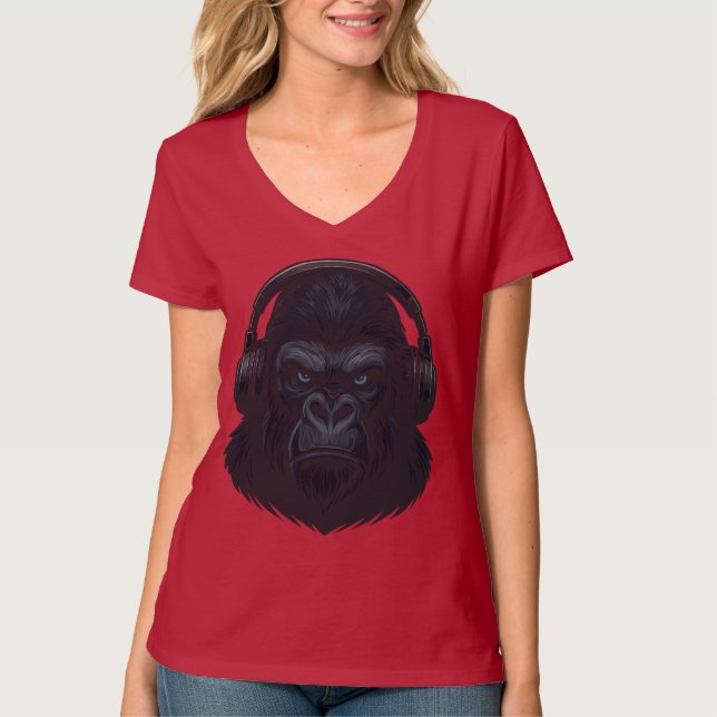 Gorilla with Headphones — Fierce Music Lover  T-Shirt (Vorderseite)