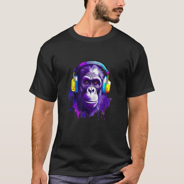 Gorilla with Headphones Music Monkey T-Shirt (Vorderseite)