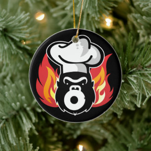 Gorrila Grillen Koch Flammen kulinarische Weihnach Keramik Ornament