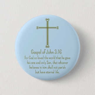 Gospel of John 3:16 Gold Cross Simple Light Blue Button