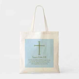 Gospel of John 3:16 Gold Cross Simple Light Blue Tragetasche