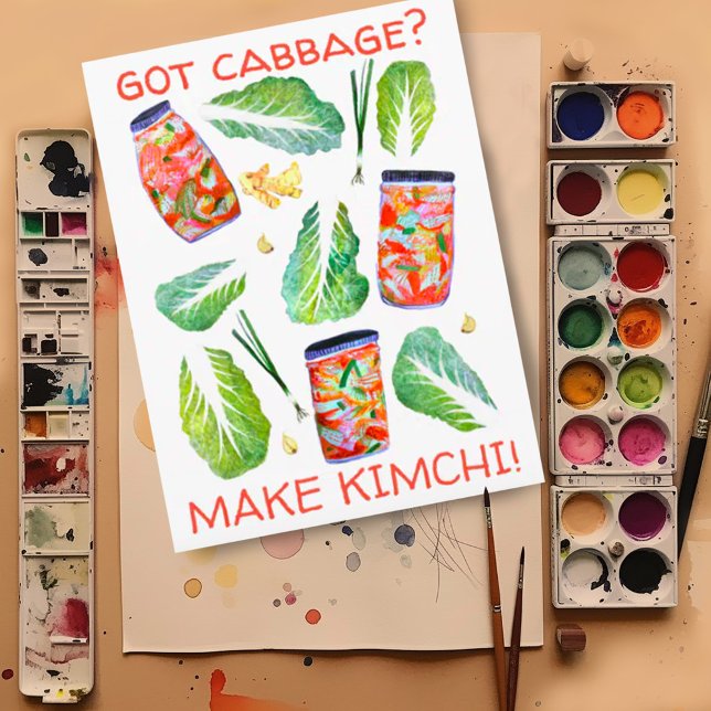 Got Cabbage? Machen Sie Kimchi Fun Spicy Watercolo Postkarte (Cute watercolor kimchi artwork on this funny custom postcard)