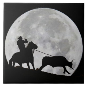 "Gotcha" Cowboy und Pferdesteg Roping Vollmond Fliese