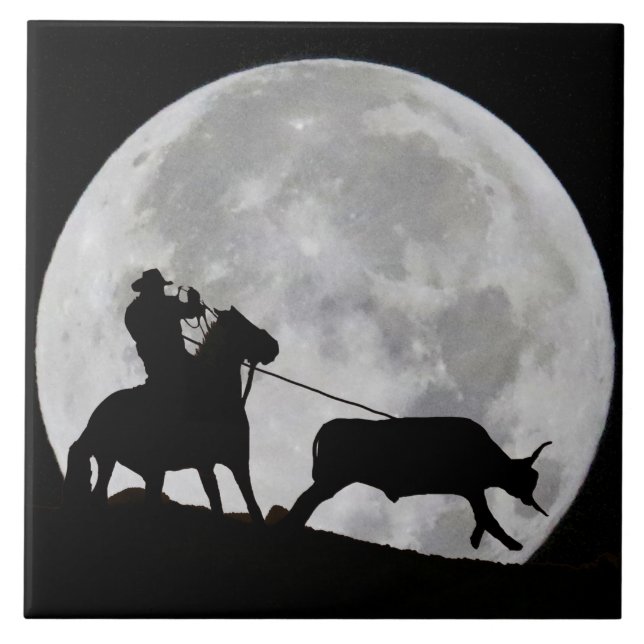 "Gotcha" Cowboy und Pferdesteg Roping Vollmond Fliese (Vorderseite)