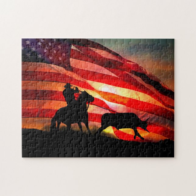 Gotcha Cowboy und Steh mit amerikanischer Flagge Puzzle (Horizontal)