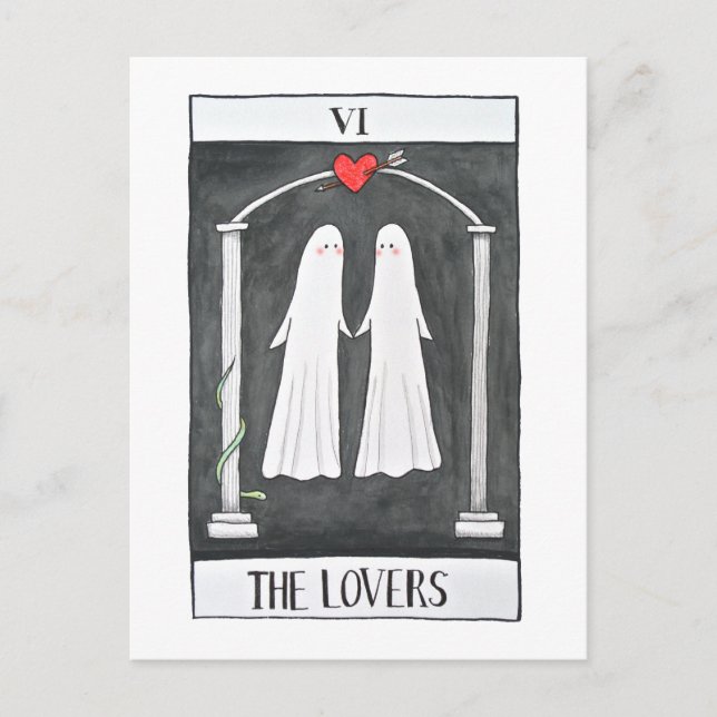 Goth Art Tarot Lovers Niedliches Ghost-Paar Grafik Postkarte (Vorderseite)
