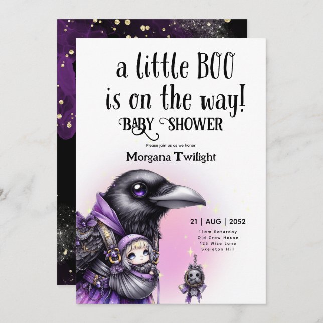 Goth Baby Girl Delivered by Crow Boo on the Way Einladung (Vorne/Hinten)