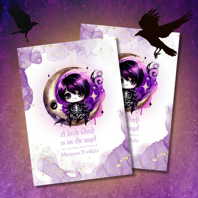 Goth Baby Shower Skeleton Crow Moonlight Einladung (Von Creator hochgeladen)