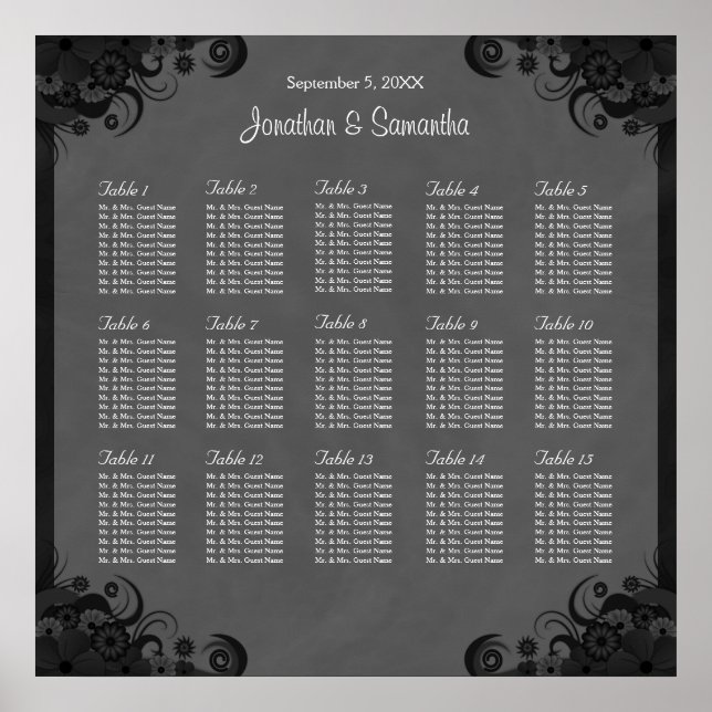 Goth Black and Gray Wedding 15 Table Seating Chart Poster (Vorne)
