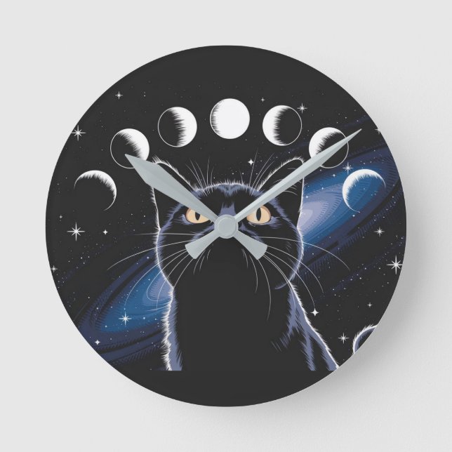 Goth Black Cat, Goth Gift, Hexenhour Black Cat Runde Wanduhr (Vorderseite)